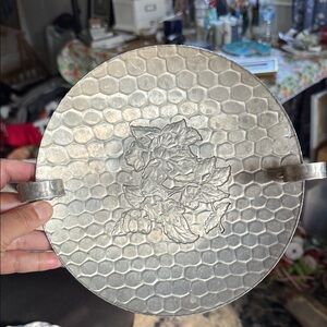 Vintage Etched Decorative Round Metal Tray with Floral Motif